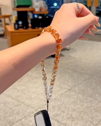 Crystal & Pearl Phone Charm Wrist Strap, Beaded Lanyard Wristlet Chain, Hands-Free Bracelet Strap for Phone Cases - color: Cube-amber