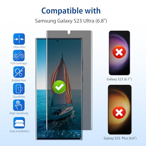 for Samsung Galaxy S23 Ultra Privacy Screen Protector w/Guide, Anti-Spy Flexible TPU Film for S23 Ultra [2 Packs], Support Fingerprint Unlock, Positioning Tool, Full Coverage, Case Friendly, Self-healing - size: Samsung Galaxy S23 Ultra