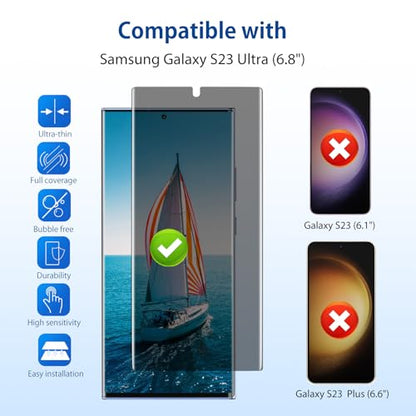 for Samsung Galaxy S23 Ultra Privacy Screen Protector w/Guide, Anti-Spy Flexible TPU Film for S23 Ultra [2 Packs], Support Fingerprint Unlock, Positioning Tool, Full Coverage, Case Friendly, Self-healing - size: Samsung Galaxy S23 Ultra