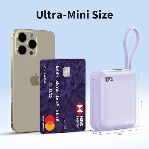 10000mAh Small Portable Charger with Built in Cables LED Display Purple - color: Purple