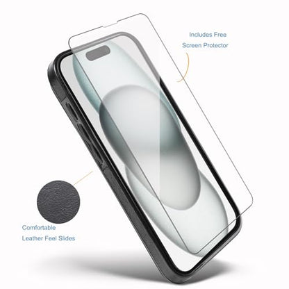 Wallet Case Compated with iPhone 15, Slim Protective case with Card Holder,Premium PU Leather Kickstand Card Slots Case with 1 Screen Protector for iPhone 15(6.1")-Black - color: Black