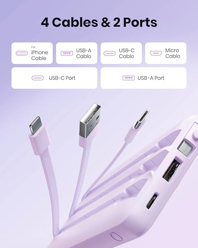 Portable Charger with Built-in Cable, 10000mAh Slim USB C Power Bank, External Battery Pack 5 Outputs 2 Inputs LED Display Compatible with iPhone/Android & More (Lavender) - color: Lavender