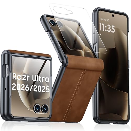 for Motorola Razr Ultra 2026 Case/Razr Ultra 2025 Case with Hinge Protection & Built-in Screen Protector, Ultra-Thin PU Leather Matte PC Shockproof Cover for Razr Ultra 2026/2025 -Brown - color: Brown, size: Razr Ultra 2026/2025