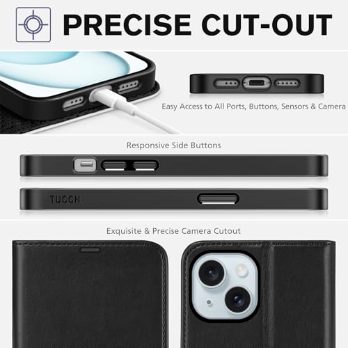 TUCCH Case Wallet for iPhone 15 (6.1"), RFID Blocking Folio, Black & White | 4 Card Holders, Kickstand, PU Leather, Magnetic Closure, Shockproof TPU Shell, Protective Flip Cover - color: Black & White