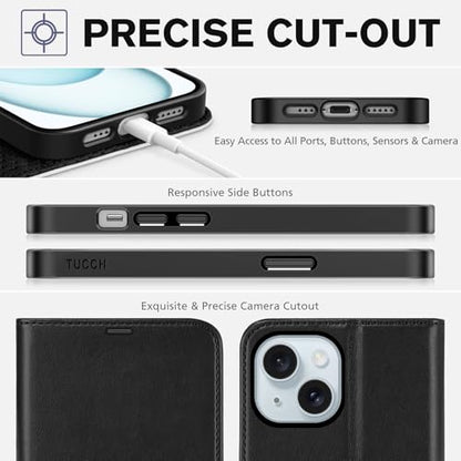 TUCCH Case Wallet for iPhone 15 (6.1"), RFID Blocking Folio, Black & White | 4 Card Holders, Kickstand, PU Leather, Magnetic Closure, Shockproof TPU Shell, Protective Flip Cover - color: Black & White
