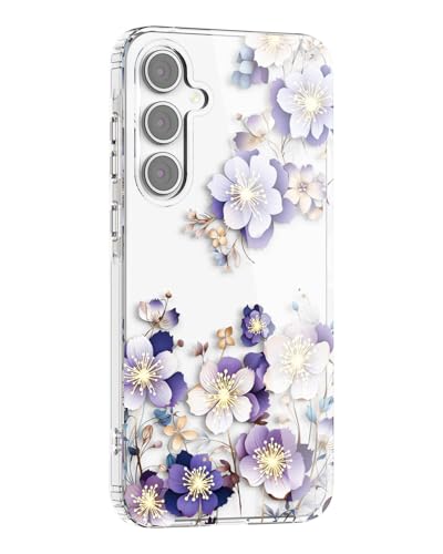 Flower Clear Case for Samsung S24, Stylish & Durability Floral Pattern Cover, TPU Bumper Shockproof + PC Protective, Cute, Slim & Lightweight for Galaxy S24 Case (Purple) - color: Purple, size: for Galaxy S24 6.2 Inch
