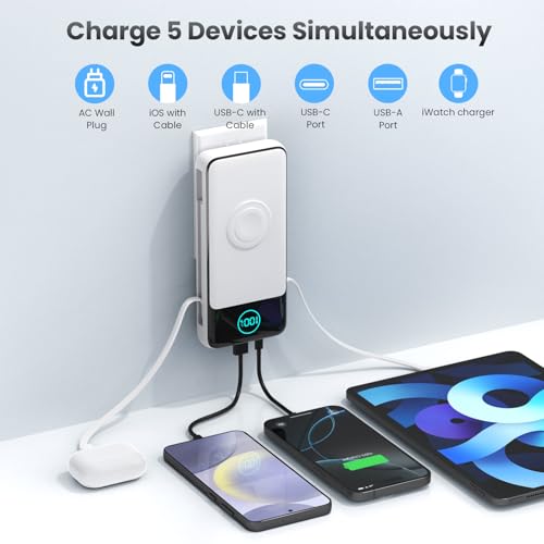 Portable Charger for iPhone with Built-in Cables and AC Wall Plug,26800mah Fast Charging USB C Power Bank,25W PD Travel Essential Battery Pack for iPhone 17/16/15/14/13,Galaxy,Apple Watch (White) - color: White