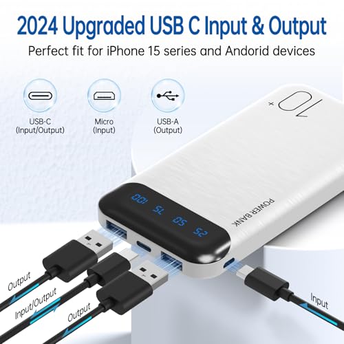 Power Bank 10000mAh Portable Charger Slim External Battery Pack with 2 USB 2.4A Outputs and USB C in/Out Compatible with Huawei iPhone 16 15 14 13 12 iPad Samsung Galaxy S20 Android Tablet (White) - color: White