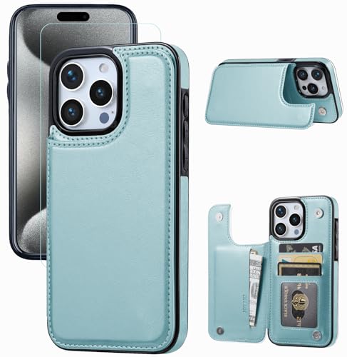 Wallet Case Compated with iPhone 15 pro max 6.7", Slim Protective case with Card Holder,Premium PU Leather Kickstand Card Slots Case with Double Magnetic Clasp-Ice Blue - color: Ice Blue