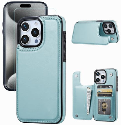 Wallet Case Compated with iPhone 15 pro max 6.7", Slim Protective case with Card Holder,Premium PU Leather Kickstand Card Slots Case with Double Magnetic Clasp-Ice Blue - color: Ice Blue