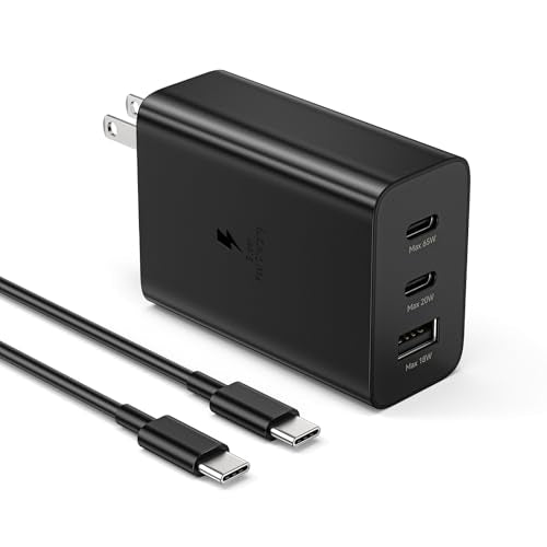 65W USB Charger Block GaN Wall Charger 3-Port Compact Fast Charging Phone