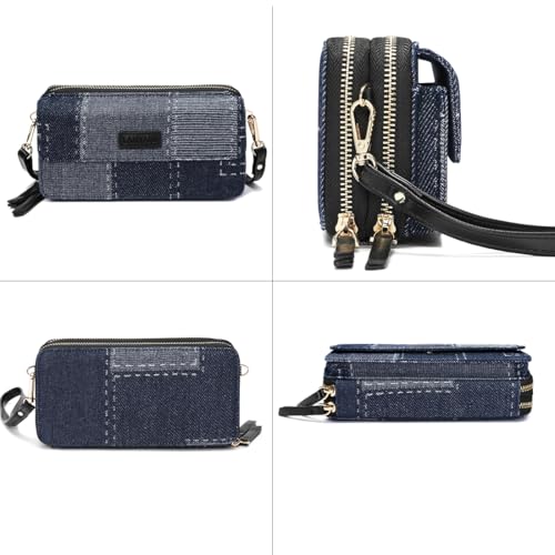 RFID Crossbody Wallet Wristlet Purse with Phone Pocket For Women Vegan Leather - color: Navy Blue -Denim