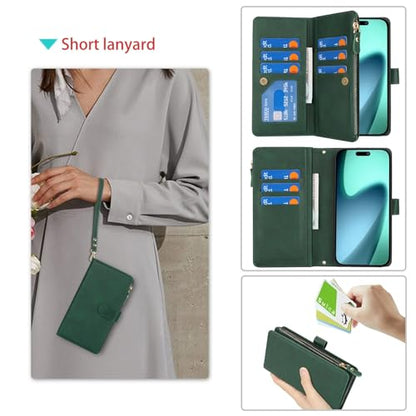 Wallet Case Compatible with iPhone 17 with Wrist Strap,2025 Release Purse for Women Men,[9 Card Slots] Card Holder Zipper Cash Pocket Magnetic Leather Cover,6.3 inch Dark Green - color: Dark Green, size: iPhone 17