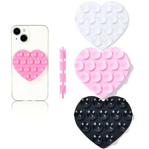 3PCS Vilbocr Silicone Suction Phone Case Mount,Double-Sided Heart Shaped Non Slip Suction Cup Phone Mount,Hands-Free Phone Accessories Holder for Selfies and Videos,Phone Stand Sticky for Cell Phone