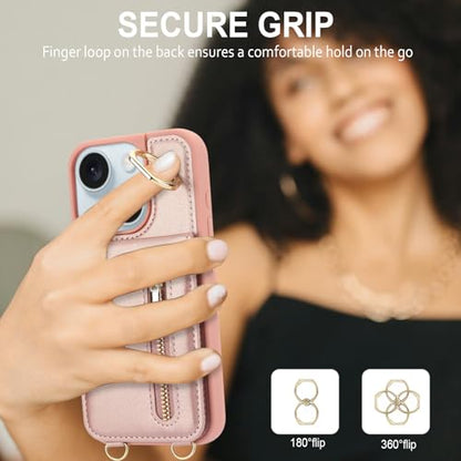Crossbody Wallet Case for iPhone 11, with Card Slots Zipper Pocket Case, Flip Folio Purse RFID Blocking with Ring Kickstand Detachable Strap-Pink - color: Pink, size: iPhone 11(6.1")