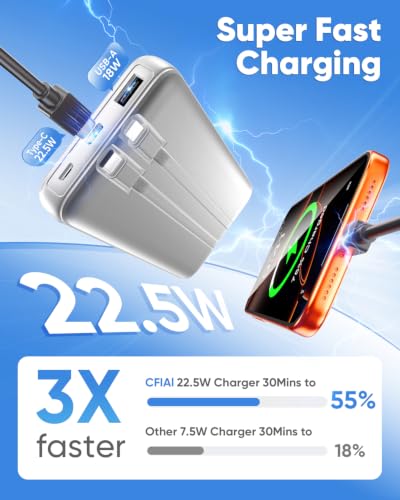CFIAI Portable Charger 15000mAh Slim Power Bank with Built in Cables - color: Platinum