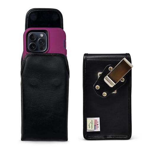 Turtleback Belt Clip for iPhone 16 Pro Max, 15 Pro Max, 14 Pro Max -Large- Fits w/Defender Bulky Style Cases, Premium Black Leather, Vertical Belt Holder, Magnetic Closure HD Rotating Belt Clip - color: Vertical - Leather w/ HD Clip, size: Large