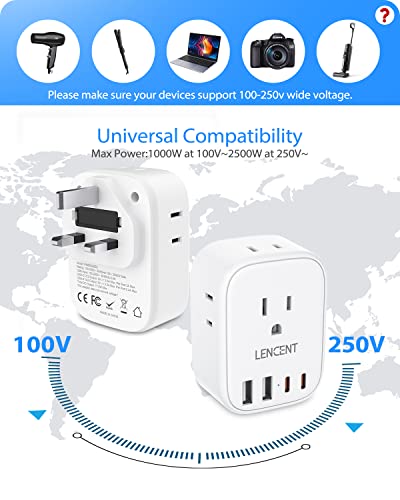 LENCENT 3 Pack US to UK Ireland Travel Plug Adapter, Grounded Type G Plug - style: Type G-3Pack-UK Ireland