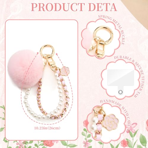 WOZEAH Phone Charm for Women, Beaded Wrist Strap Lanyard with Tether Tab – Detachable Phone Chain Wristlet - color: Pink Pompom