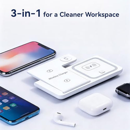 3 in 1 Portable Wireless Fast Charger for Apple & Android, Wireless Charging Station for iPhone17 16 15 14 13 12, Apple Watch & Air pods 4 3 2 Pro, Samsung Galaxy, White - color: White