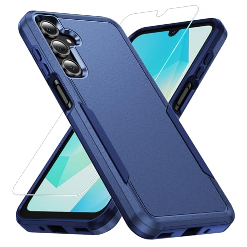 Phone Case for Samsung Galaxy A17 5G Case, Samsung A17 5G Case with Tempered Glass Screen Protector, Soft TPU Hard Back Double Layer Phone Cover (Navy Blue) - color: Navy Blue