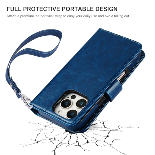 Bocasal Detachable Wallet Case Card Holder for iPhone 16 Pro, Blue | RFID Blocking Kickstand Card Slots Holder PU Leather Magnetic Shockproof Wrist Strap Removable Flip Protective Cover 6.3 inch - color: Blue
