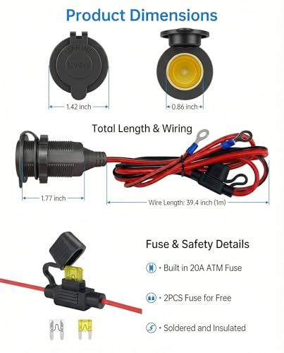 3FT 13AWG 12V Waterproof Cigarette Lighter Socket Extension Outlet - size: 3FT(1m)