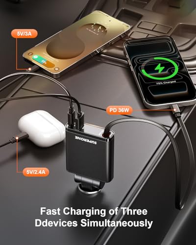SUPERONE Car Charger USB C Fast Charge, Ultra-Slim Retractable Car Charger - color: Frosted Black