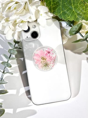 Petite Pressed Pink Flowers Phone Grip,Handmade Dried Flowers Clear Phone Stand, Expanding Cell Phone Charms Accessory, Interchangeable Kickstand, Collapsible Handle Grip Holder for Kindle