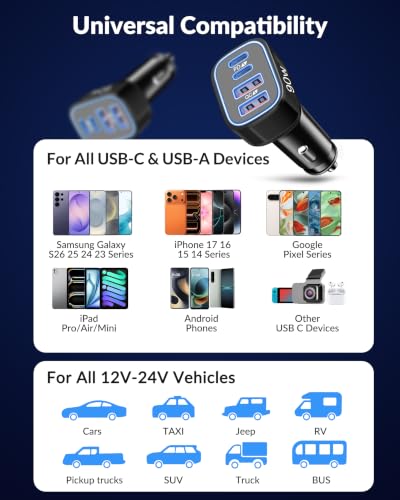 90W 4-Port USB C Super Fast Car Charger for Samsung Galaxy S26/S25/S24/S23 - color: Black