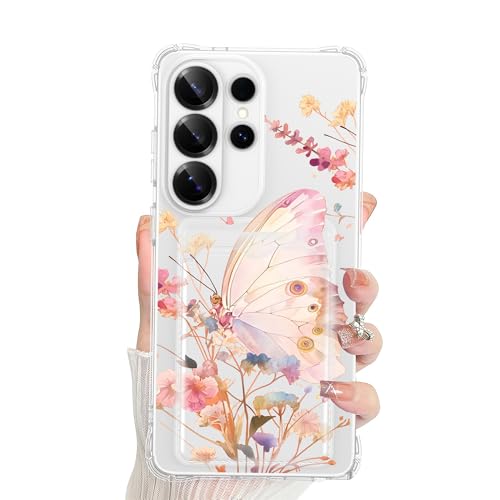 Designed for Galaxy S26 Ultra Case Clear with Card Holder, Shockproof Protective Butterfly and Flower Wallet Case for Samsung Galaxy S26 Ultra - color: Blutterfly+Flower