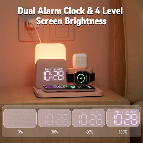 7 in 1 Wireless Charging Station, 25W Charger with Alarm Clock Night Light - color: Pink