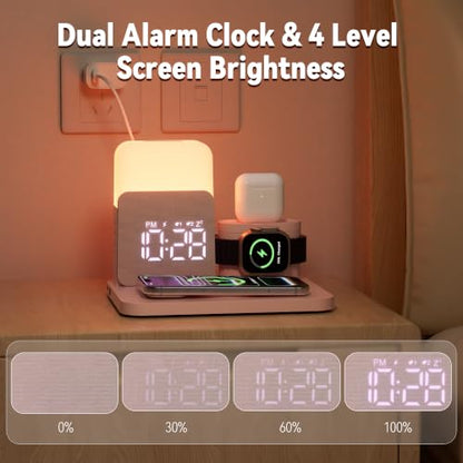 7 in 1 Wireless Charging Station, 25W Charger with Alarm Clock Night Light - color: Pink