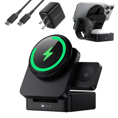 ZEEHOO 3-in-1 Charging Station for Apple, Foldable Mag-Safe Charger, 15W Wireless Charger for iPhone 17/16/15/14/13/12 Series, Apple Watch, AirPods(30W Adapter Included) (Black) - color: Black