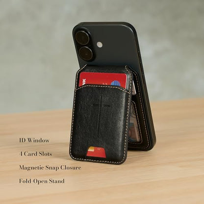 Christian Art Gifts Magsafe Compatible Magnetic Faux Leather Phone Wallet Stand for Men/Women: Multiple Non-Slip Card Slots, Secure Button Closure, ID Window, Debossed Cross Design, Black, 3.9" x 2.5" - color: Black Snap Closure/Cross