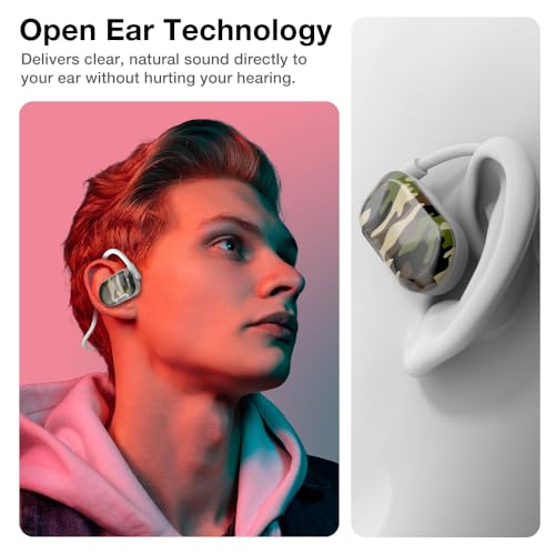 Purity Air Open Ear Headphones - True Air Conduction Wireless Bluetooth Open Ear Earbuds with Dual Mic for iPhone/Android - Secured Long Wearing Comfort, Sports Sweat Resistant (JECE162) - color: Jungle Camouflage