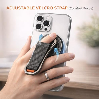 Mizi [2025 Upgraded] Magnetic Phone Holder with 360° Rotating Stand – 4-in-1 Grip Strap Compatible with iPhone 12–16, Samsung, Pixel – Strong Magnet, Kickstand, Wireless Charging – Black