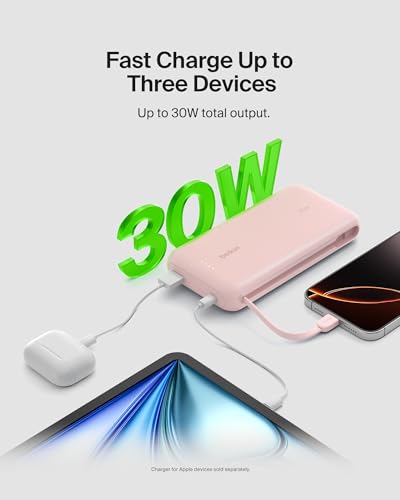 Belkin 20000mAh 30W USB C Power Bank, Portable Charger for iPhone & iPad - color: Pink, style: 20K mAh