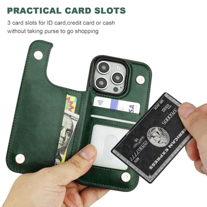 ONETOP for iPhone 16 Pro Wallet Case with Credit Card Holder,Green | Kickstand,ID/Cash Holder,Case Wallet with Card Slots,Double Magnetic Clasp,Durable PU Leather Shockproof Cover for Women Men - color: Green