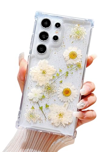 Compatible with Samsung Galaxy S23 Ultra Case Clear Real Flowers | Cute Pressed Dried White Flower Design For Women Girly Shockproof Glitter Floral Phone Cover for Galaxy s23 Ultra - color: White Flower, size: Samsung S23 Ultra