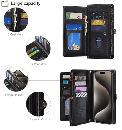 for iPhone 17 Pro Wallet Case, [Compatible with Magsafe] [Magnetic Detachable] [RFID Blocking] PU Leather Case with Card Holder & Crossbody Strap for Women Men, Black - color: Black