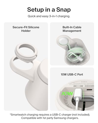 Belkin Qi2.2 25W Magnetic Wireless Charging Station, 3 in 1 Samsung Charger - color: Sand