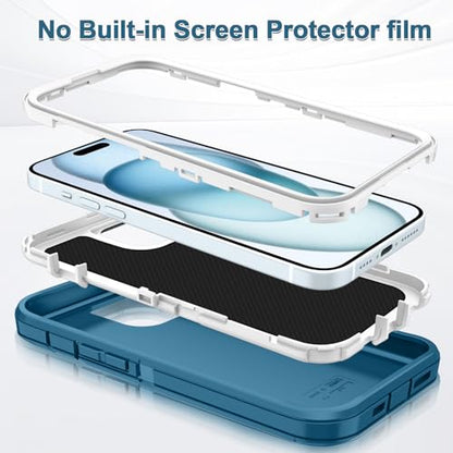 for iPhone 15 Case Heavy Duty Protective Shockproof Dropproof 3-Layer Full Body Protection [Without Screen Protector] Tough Rugged Cover for Apple iPhone 15 6.1 inch 2023,Turquoise/White - color: Turquoise/White