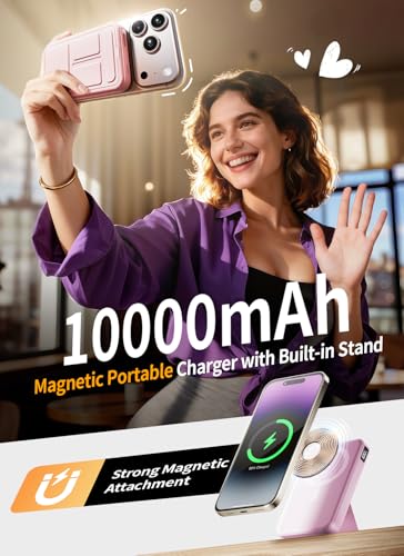 for Magsafe Battery Pack, 10000mAh Wireless Portable Charger with 20W USB-C Fast Charging, Foldable Stand & LED Display Magnetic Power Bank, Compatible with iPhone 17/16/15/14 All Series-Pink - color: Pink