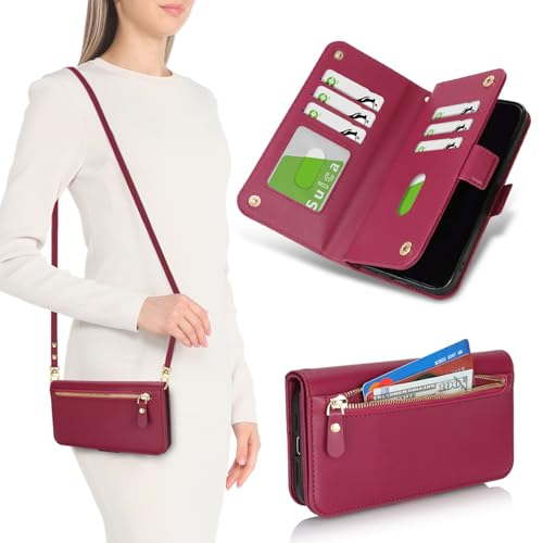 for iPhone 15 Pro Wallet Case for Women,for iPhone 15 Pro Case with Strap Crossbody Lanyard,PU Leather Shockproof Card Holder Stand Zipper Pocket Flip Phone Case-Dark red - color: Dark red