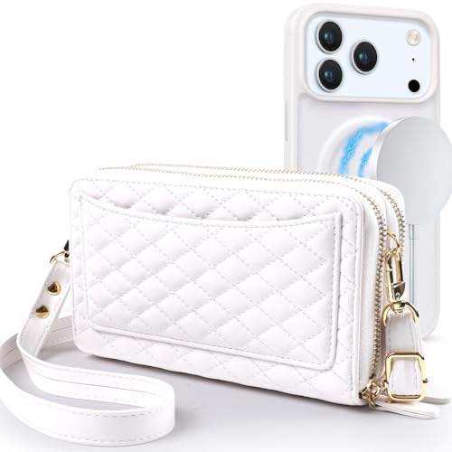 Harryshell Compatible with iPhone 17 Pro Max Case Wallet Multi Zipper Detachable Removable Cover Purse with RFID Blocking Card Slots Holder Mirror Crossbody Strap (Compatible with Magsafe - White) - color: Compatible with Magsafe - White, size: iPhone 17