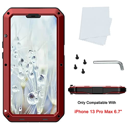 for iPhone 13 Pro Max Case,360 Full Body Protective Heavy Duty Shockproof Tough Armour Aluminum Alloy Metal Case with Silicone Built-in Screen Protector for iPhone 13 Pro Max 6.7" - Red - color: Red