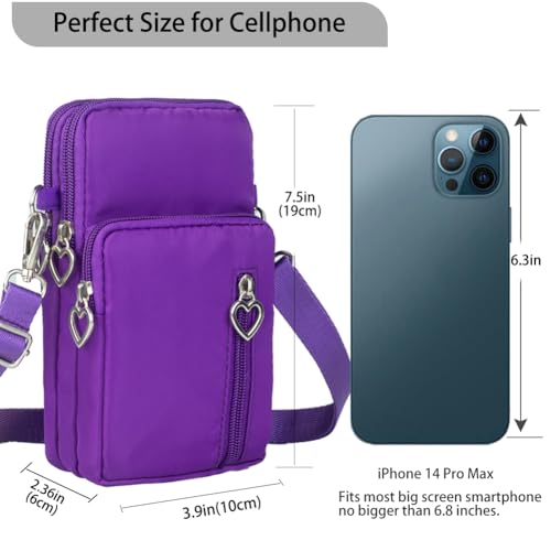 Small Crossbody Bag for Women, Multi Zip Pockets Nylon Wallet Purse Credit Card Holder with Detachable Hand Strap - color: Purple