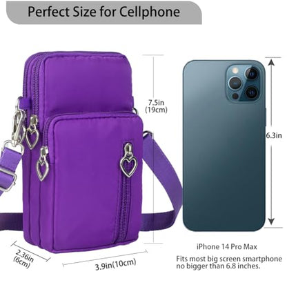 Small Crossbody Bag for Women, Multi Zip Pockets Nylon Wallet Purse Credit Card Holder with Detachable Hand Strap - color: Purple