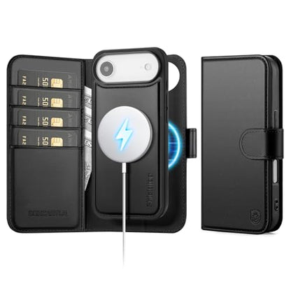 Magnetic 2 in 1 Detachable Compatible with Magsafe iPhone Air Genuine Wallet Case with Card Holder,Women Men Real Leather Flip RFID Blocking Credit Card Slots Stand Phone Cover,Black - color: Black, size: iPhone Air - 6.5"